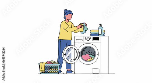 Depiction of Laundry Day: A Woman and Her Washing Machine in a Minimalist Style Illustration