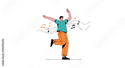 Joyful dance vector illustration with music notes, expressing freedom and happiness, full body flat vector illustration on white background