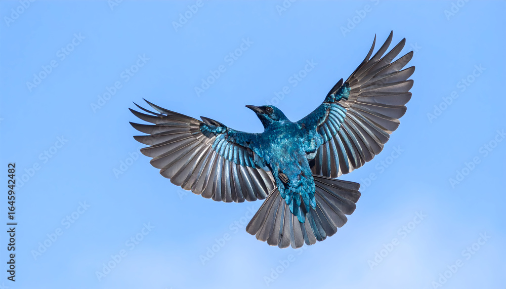 Obraz premium Bird in Mid-Flight Displaying Glossy Blue and Black Feathers Against a Clear Blue Sky