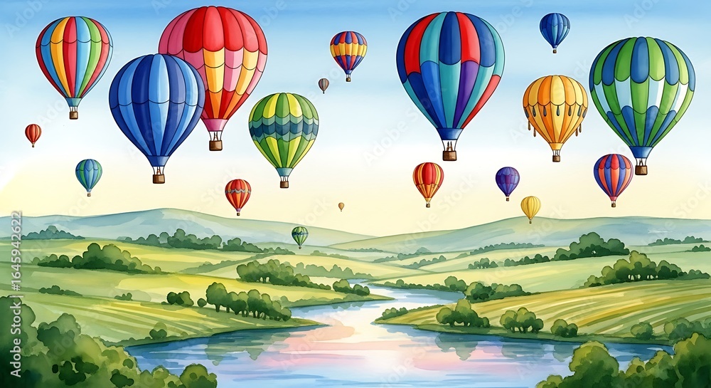 Obraz premium Colorful hot air balloons floating over a landscape with a river and green hills in a watercolor style