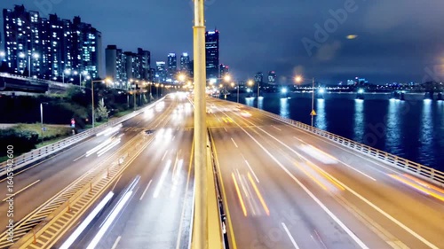 Night cityscape with blurred car lights on the road in seoul, south korea