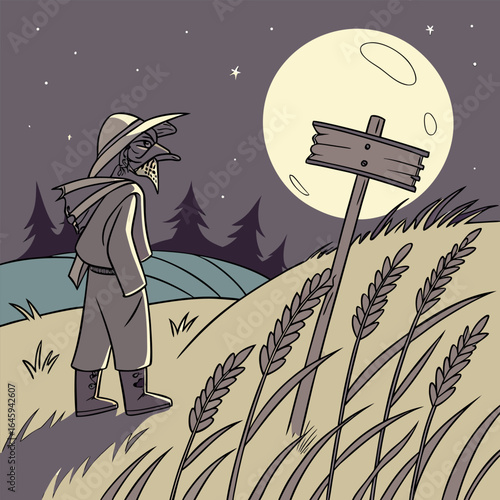 A figure in a mask and hat stands in a field of wheat under a full moon with a wooden sign post nearby