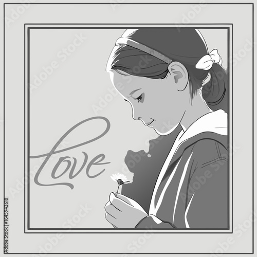 Incomplete, haphazard line scribble, ephemeral clean outline art, with scribble handwritten _love_, girl holding a flower, clip art
