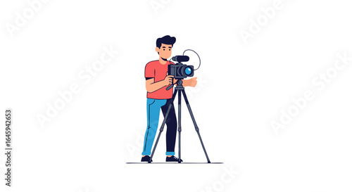 Cartoon filmmaker focusing camera setting up tripod, capturing footage for documentary or advertisement,isolated,minimalist aesthetic