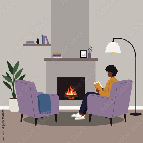 A man reading by the fireplace in a cozy room, creating a warm and inviting atmosphere for relaxation and leisure, surrounded by comfortable furniture