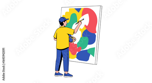 Illustrative representation of an artist absorbed in the creative process crafting an abstract artwork on canvas in vibrant hues, brimming with