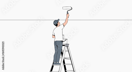 Illustration of a focused painter on a ladder applying paint to a ceiling surface with a roller brush, creating a clean and modern feel
