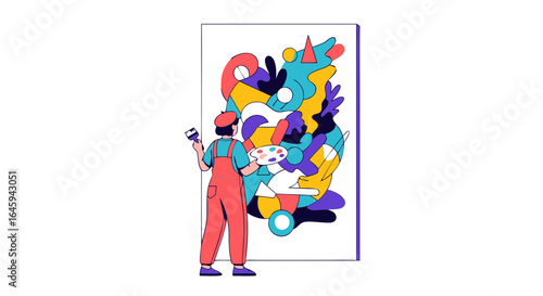 Whimsical painter absorbed in crafting a bold, vibrant abstract masterpiece, utilizing a palette bursting with joyful hues to create a captivating