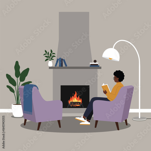 A man reading by the fireplace in a cozy room, creating a warm and inviting atmosphere for relaxation and leisure, surrounded by comfortable furniture