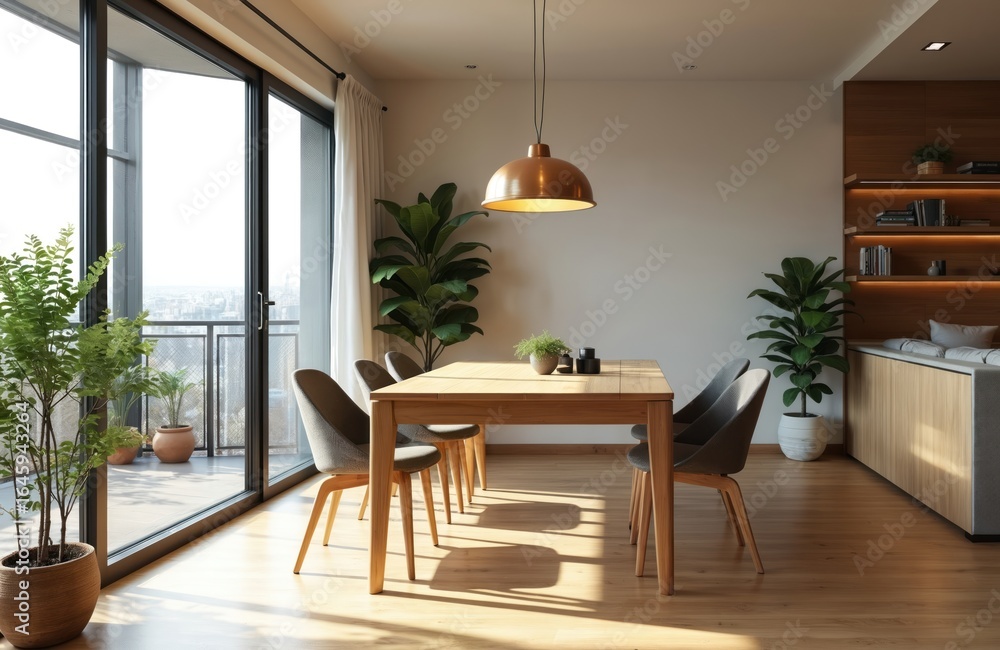 Fototapeta premium Modern minimalist dining room with wooden table, chairs, large windows. Natural light fills space, clean lines of furniture, warm wood tones. Rich indoor plants add touch of nature to urban dwelling.