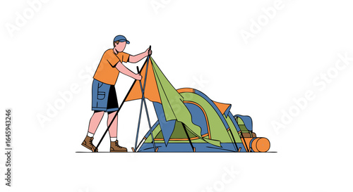 Setting up Camp: A Graphic Illustration of Outdoor Adventure and Preparing for the Night in Nature setting up the Tent for resting