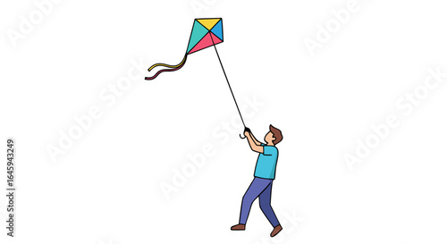 Illustration of a man flying a colorful kite in a bright sky filled with carefree joy and summery fun for recreation and hobbies outdoor activity