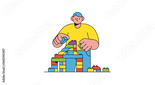 Man meticulously assembling a colorful building block structure with focused determination showcases the joy of playful construction activities