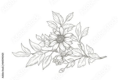 Hand drawn floral composition in line art style. Elegant frame of flowers, branches and leaves. Sketch botanical elements. Vector illustration for logo, tattoo, save the date card, wedding invitation