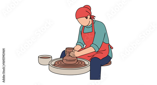 Focused potter shaping clay on spinning wheel, handcrafting ceramic artwork at the workshop studio, skilled artisan practicing pottery forming the
