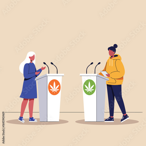 A debate on cannabis legalization featuring two speakers at podiums, representing opposing viewpoints on the issue, fostering discussion and policy reform