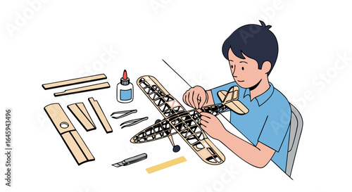 Illustration of a Boy Crafting a Wooden Model Airplane with Precision and Joyful Focus at Home