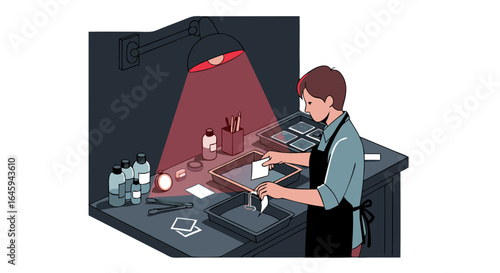 Illustrative depiction of a person processing photographs in a darkroom setting showcasing artistic development and the intricacies of analog