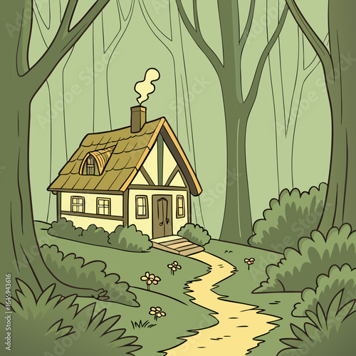 Illustration of a quaint cottage nestled in a forest clearing with a winding path leading to the door