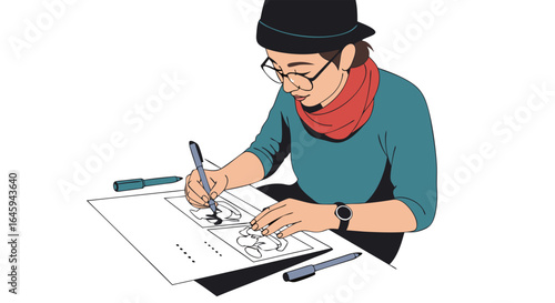 Concentrated artist sketching characters with meticulous detail on drawing panel wearing a hat and red scarf creating vibrant storyboards
