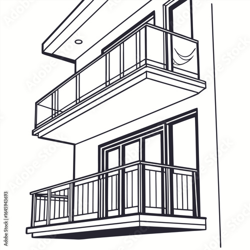 Black and white line art illustration of a modern apartment building with two exterior balconies. Architectural outline vector.