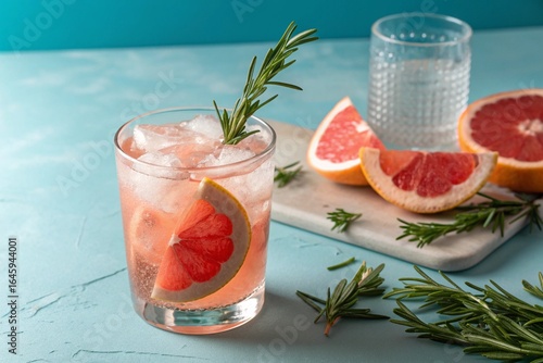 Refreshing cocktail with grapefruit, rosemary and ice in a glass on a blue background with shadow. 