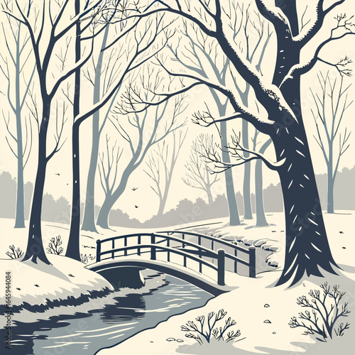 A winter scene depicting a snow covered landscape with trees and a bridge over a stream in black and white