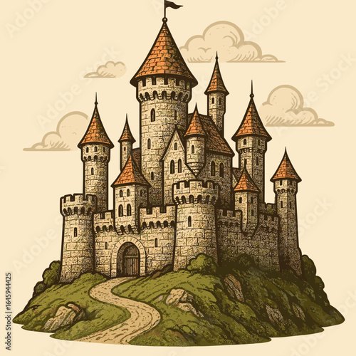 Fairytale castle with turrets on a grassy hill under cloudy sky