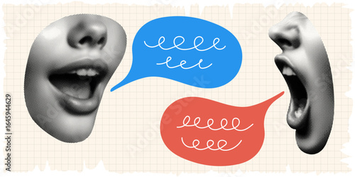 communication concept collage with mouths face parts and speech bubbles cut-out graphic design elements isolated retro halftone grunge dotted effect old newspaper print grid background