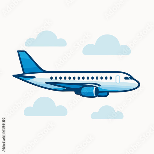 Stylized airplane illustration flying through a blue sky with clouds in a cheerful design