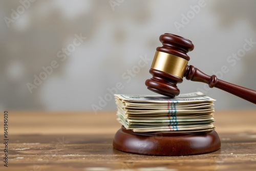 Justice and Finances: A wooden gavel strikes down on a stack of United States currency, embodying the intersection of legal authority and monetary value. It conveys a sense of legal judgments.
