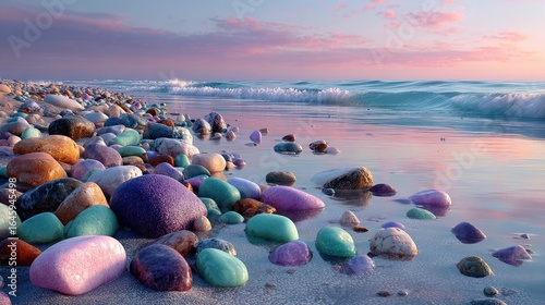 Colorful stones at sunrise on a beach.  Calm water reflects the sky