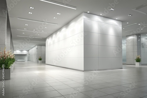 Modern, spacious office hallway with bright, minimalist design