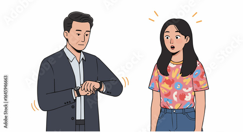 Man checking watch while surprised woman reacts in colorful setting  