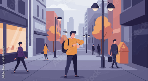 Young man checking watch while walking on city street in autumn  