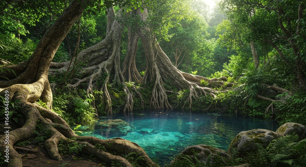 Fototapeta premium Serene hidden jungle oasis with crystal clear turquoise water and ancient trees root system nature concept background