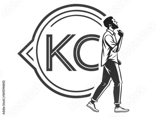 Profile of a man in a baseball cap, featuring the initials "KC" and decorative foliage.