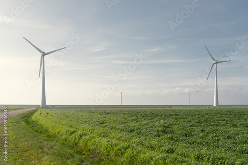 Wind turbines on a green field in Flevoland, Netherlands, captured on a sunny spring day with clear blue sky, symbolizing clean energy and sustainable landscape.