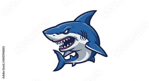 Angry blue shark animal mascot, an isolated vector logo design illustration for a sports team or brand identity.