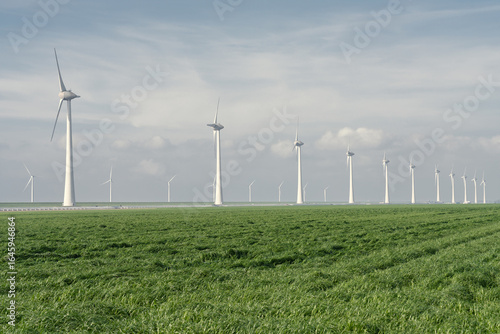 Long rows of wind turbines on a green field in Flevoland, Netherlands, captured on a sunny spring day with clear blue sky, symbolizing clean energy and sustainable landscape.