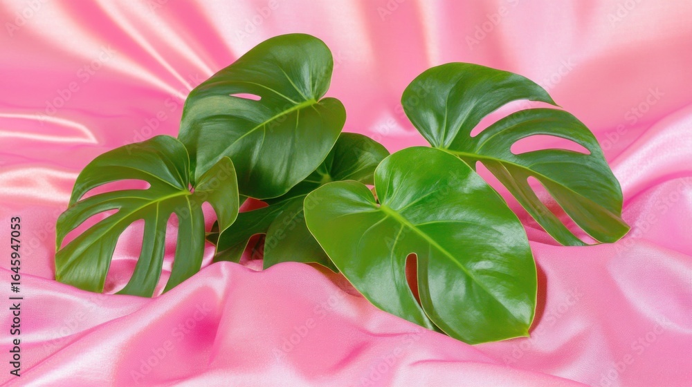 Fototapeta premium Monstera Deliciosa leaves on a vibrant pink silk backdrop creating a serene aesthetic