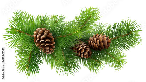 Christmas pine branch with isolated pine cones on transparent background for festive design