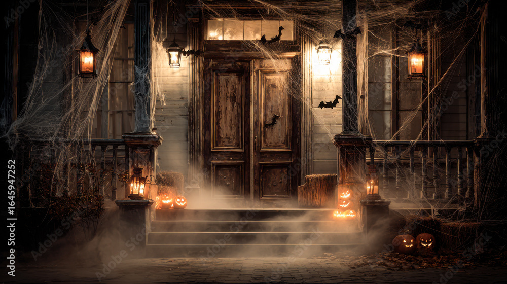 Obraz premium Halloween decorations adorn an old wooden door with spooky ambiance at twilight