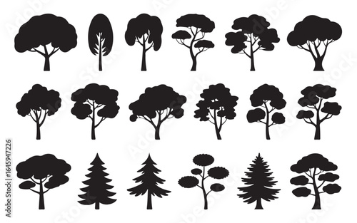 Silhouette of diverse tree species isolated on white background a comprehensive collection of graphic elements for natureinspired designs and illustrations
