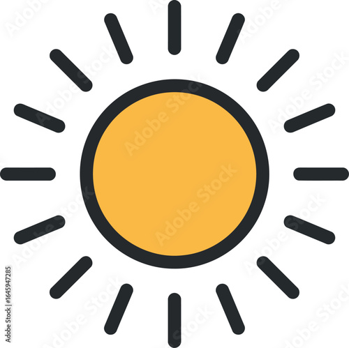 Bright yellow sun icon with rays simple flat design