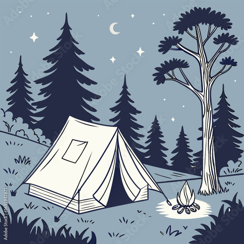 Illustration of a camping scene with a tent, campfire, trees, moon, and stars in a monochrome color scheme