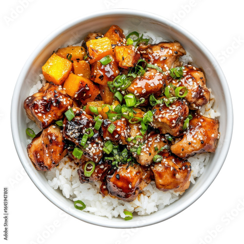 Delicious BBQ Chicken Bowl with Rice and Vegetables, Garnished with Green Onions and Sesame Seeds on transparent background