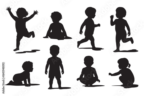 Collection of dynamic baby silhouettes isolated on white background, showcasing various actions and emotions, perfect for designs related to early childhood and development