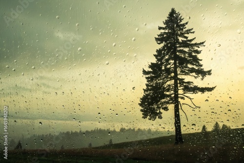 Evergreen tree on rainy day pine nature