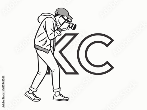 Profile of a man in a baseball cap, featuring the initials "KC" and decorative foliage.